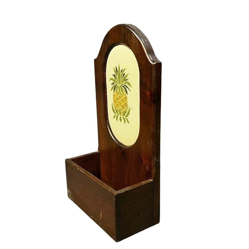 Vintage Pineapple Wall Pocket Mail Holder Needlepoint Wood Tropical Island Decor
